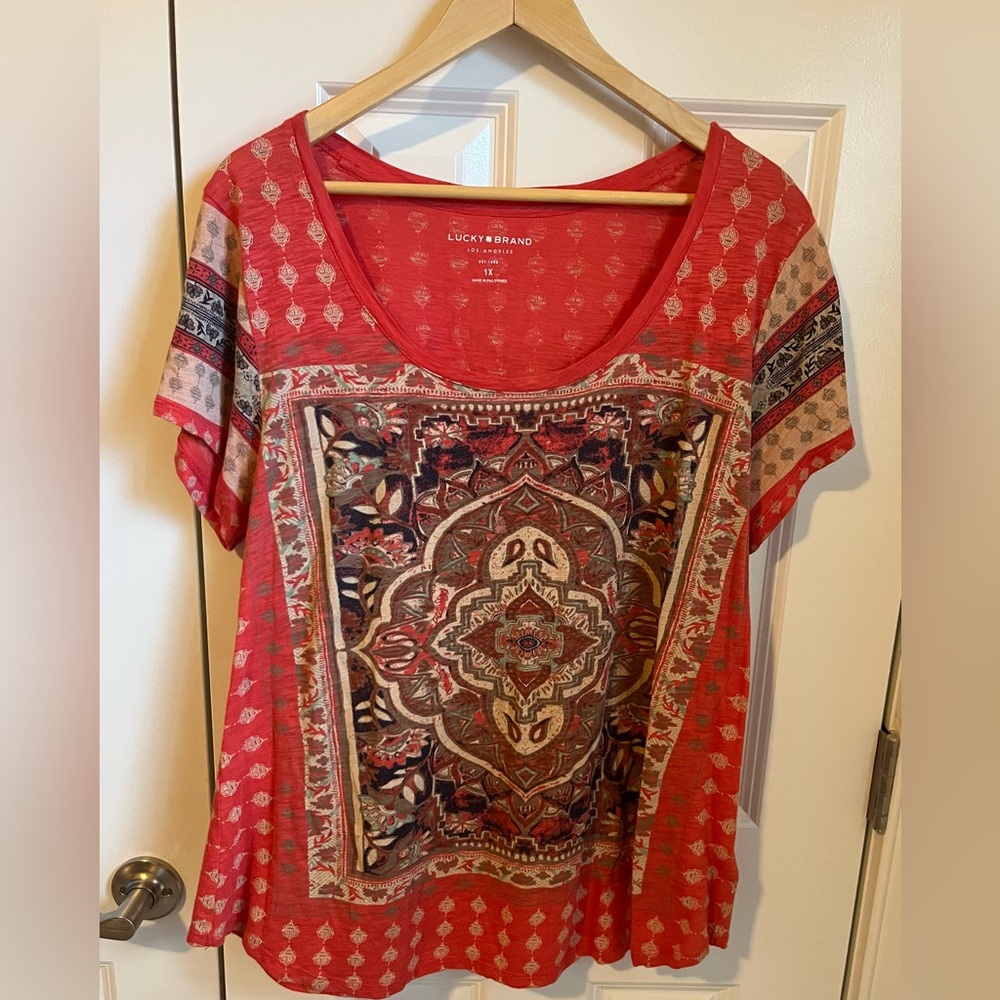Lucky Brand Women's Orange and Brown Short Sleeve Top